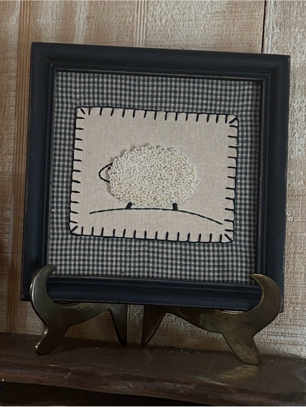 Framed Cream Sheep Punch Needle Art on the brass stand - Home Art Wall Decor